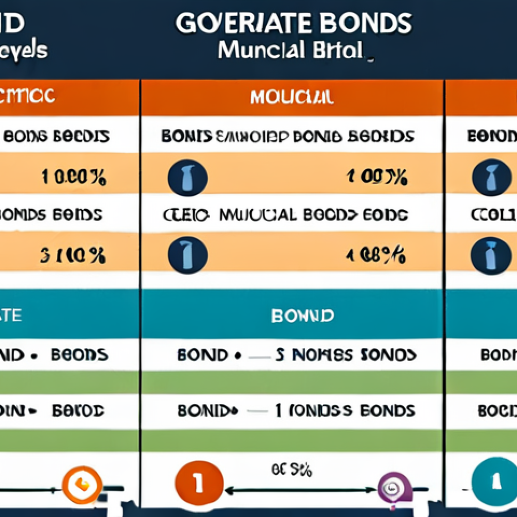**Image Prompt for Bond Types**:
   "Create an infographic that visually represents different types of bonds, including government bonds, corporate bonds, and municipal bonds. Include key characteristics and risk levels for each type, using clear icons and color-coded sections to differentiate them."
